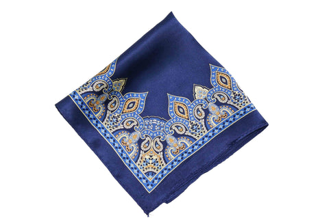 Blue Pattern Border Silk Pocket Square