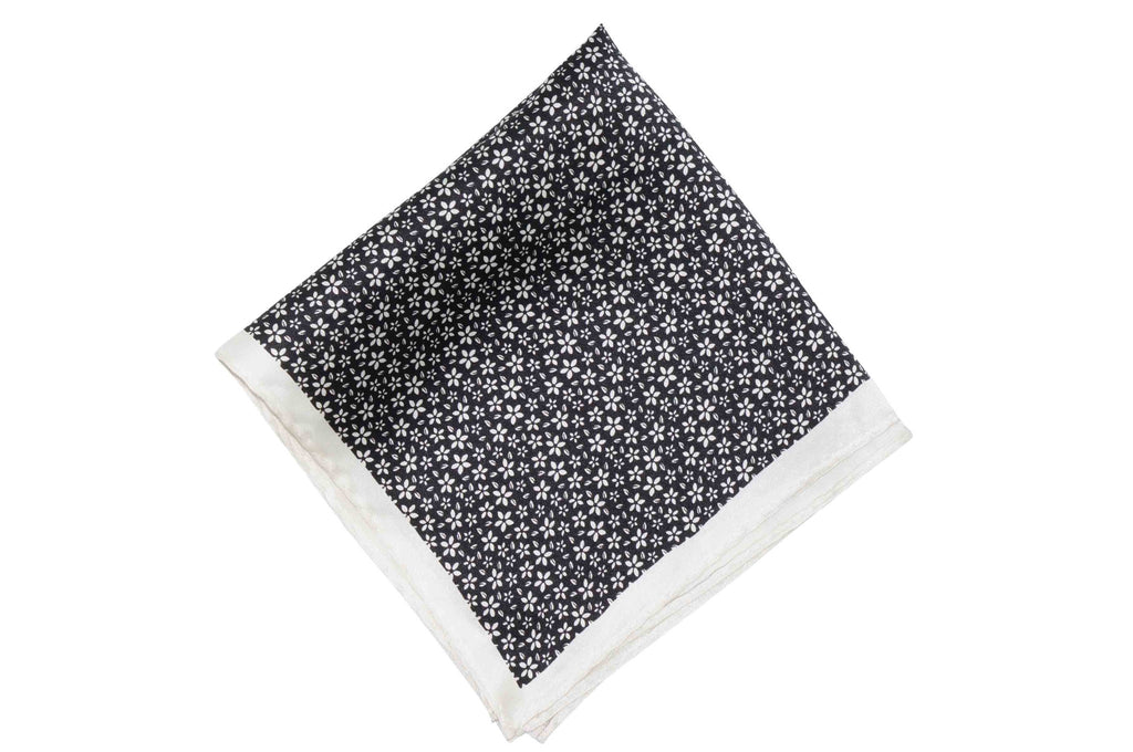 Black White Flowers Silk Pocket Square