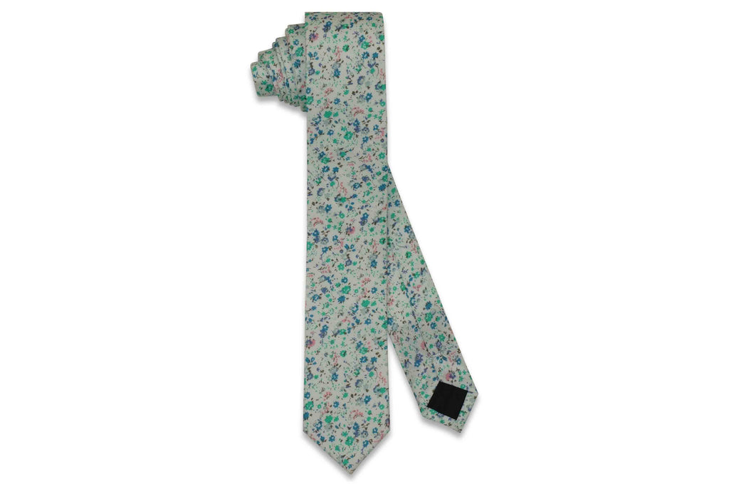 Green Blue Floral Cotton Skinny Tie