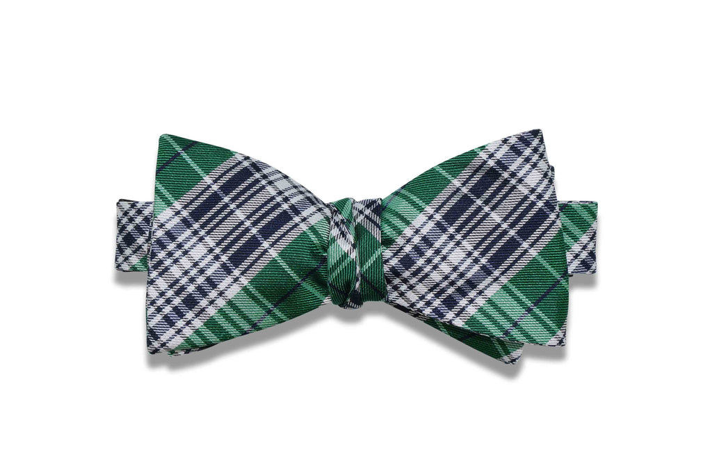 Navy Green Plaid Silk Bow Tie (self-tie)